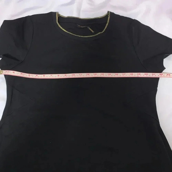 Donna Karen New York Size Medium Black Asymmetrical Style Top Gold Trim Neckline - Picture 2 of 6